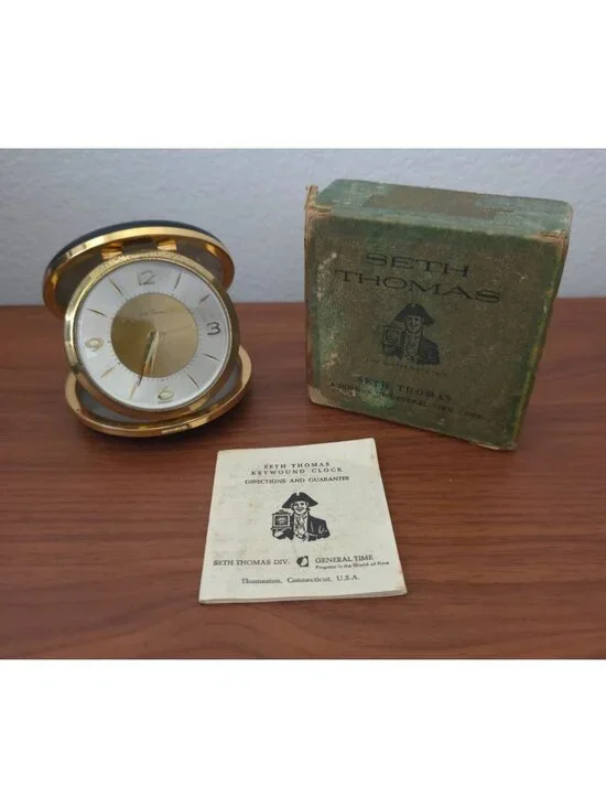 VTG Seth Thomas Keywound Alarm Clock Gold & Black Original Box Germany - WORKS - Picture 1 of 10